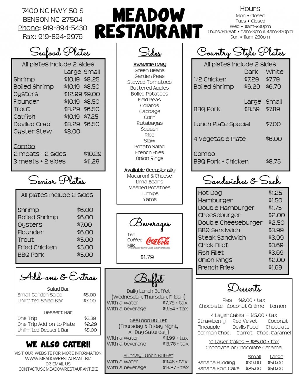 Menu Meadow Restaurant